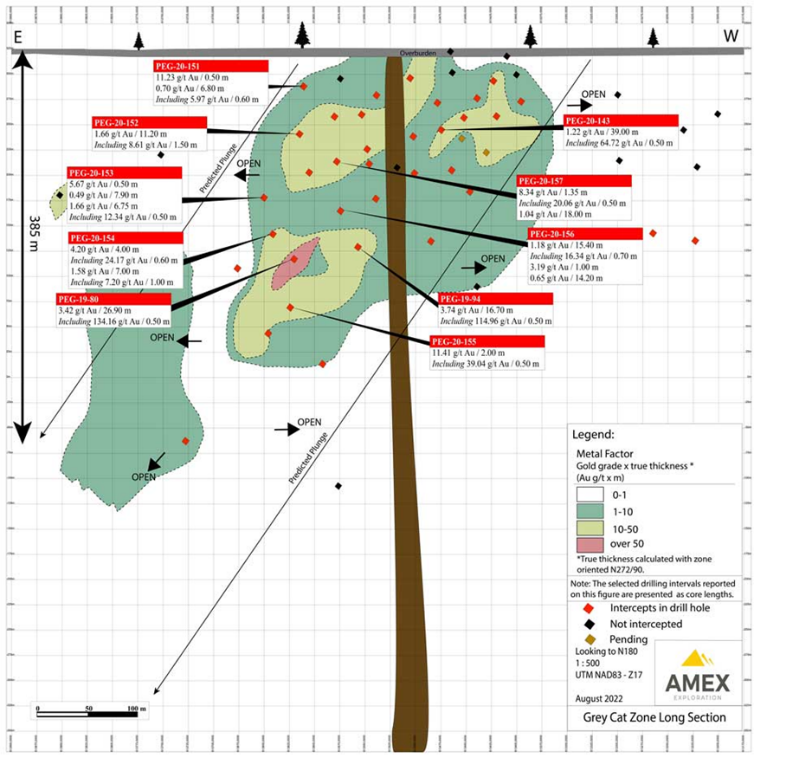 Geological map of Team Zone area of the Perron property showing gold mineralization greater than 0.50 gt Au